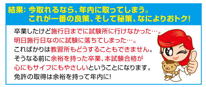 対策：今取れるなら、年内に取ってしまう。これが一番の良策、そして秘策！
卒業したけど施行日までに試験所に行けなかった…。明日施行日なのに試験に落ちてしまった…。こればかりは教習所もどうすることもできません。そうなる前に余裕を持った卒業、本試験合格が心にもサイフにもやさしいということになります。免許の取得は余裕を持って年内に！